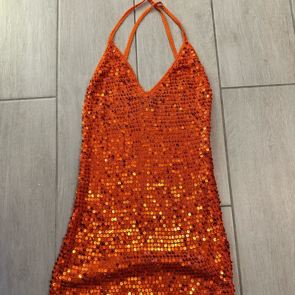 Retrofete orange mini sequin dress